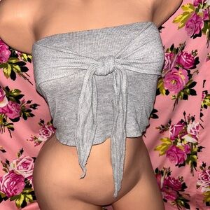 Gray Ribbed Tie-Front Tube Top crop strapless